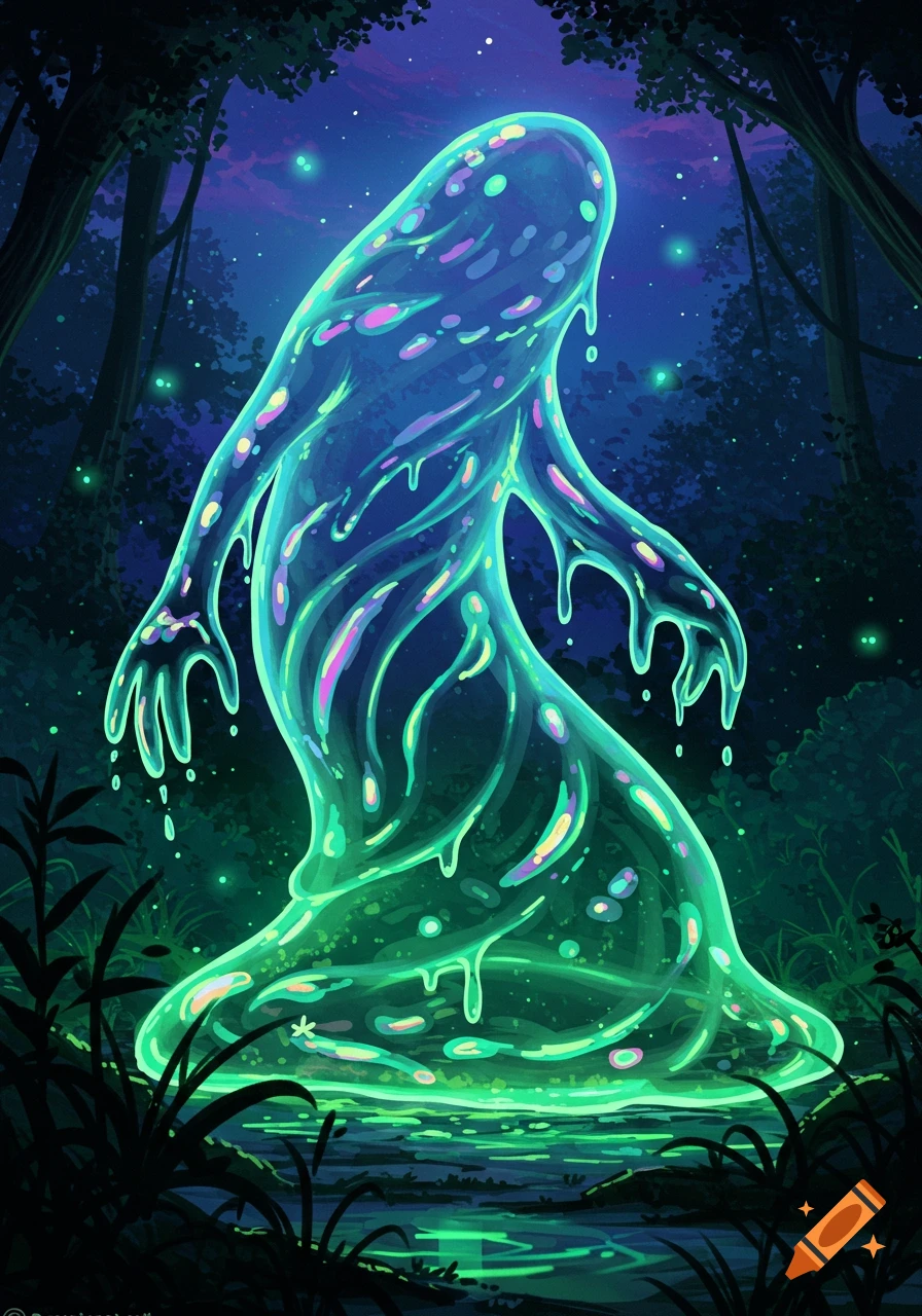 A glowing, translucent blue and green slime monster stands in a dark, magical forest at night.