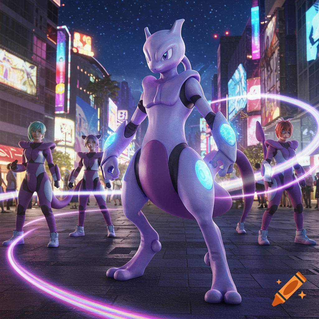 Mewtwo and several cosplayers in purple costumes stand in a neon-lit city street at night with glowing energy effects.