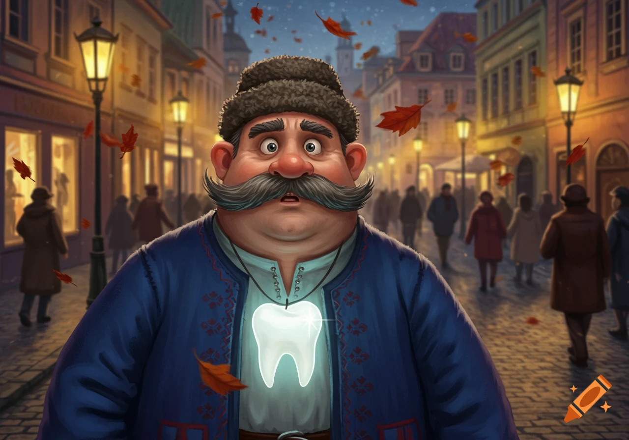 A confused, portly man with a large mustache and fur hat wears a glowing tooth pendant on a busy autumn street.