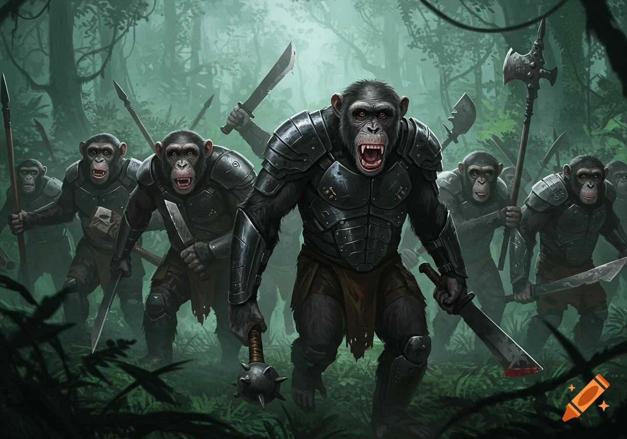 An angry chimp army in black armor wielding swords, maces, and spears advances through a foggy jungle, snarling.