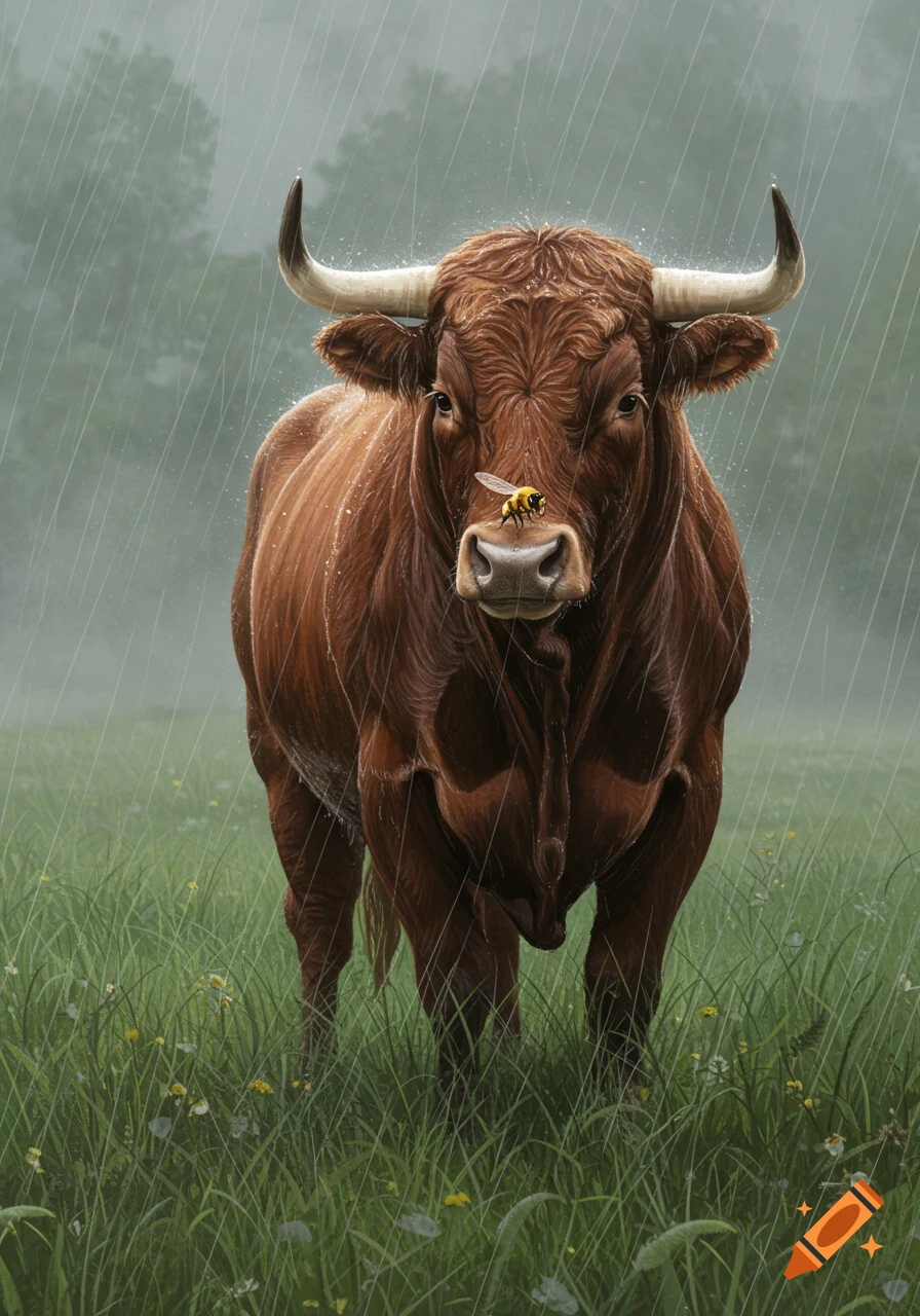 A detailed illustration of a brown bull standing in a rainy green meadow with a bee on its nose.
