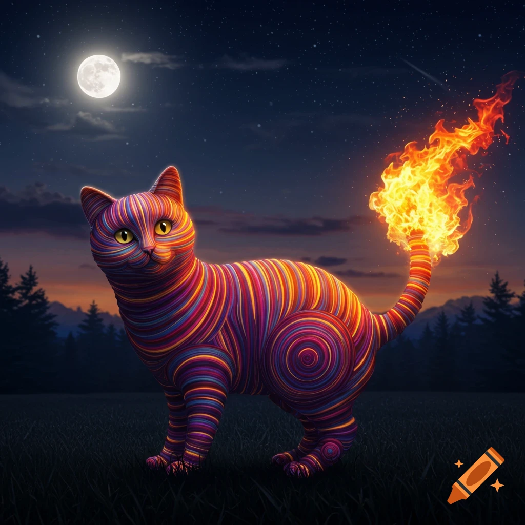 A stylized, colorful cat with glowing yellow eyes and a tail on fire stands in a grassy field under a full moon at night.