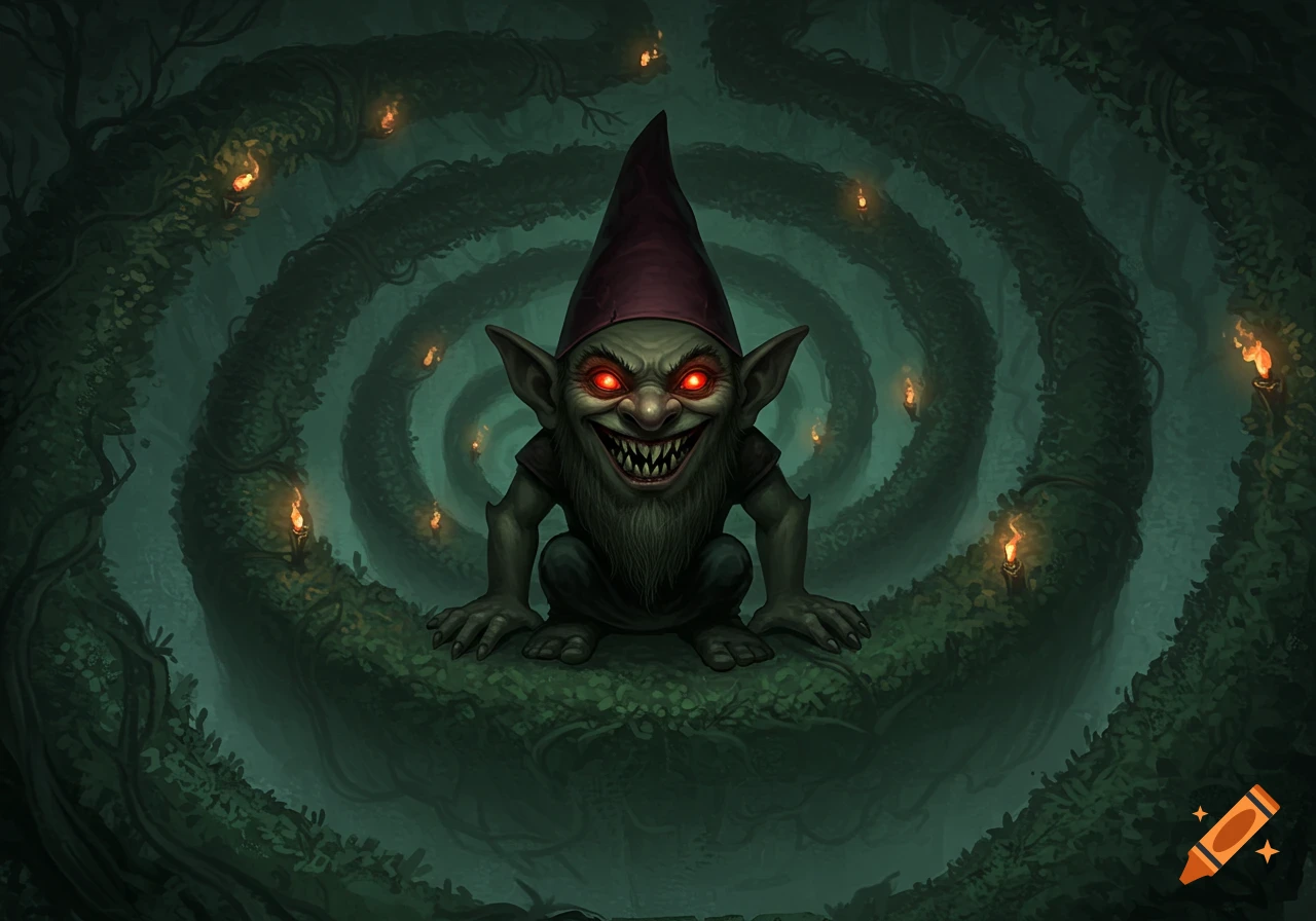 A creepy gnome with glowing red eyes and sharp teeth crouches in a dark, eerie labyrinth of gnarled vines and glowing torches.