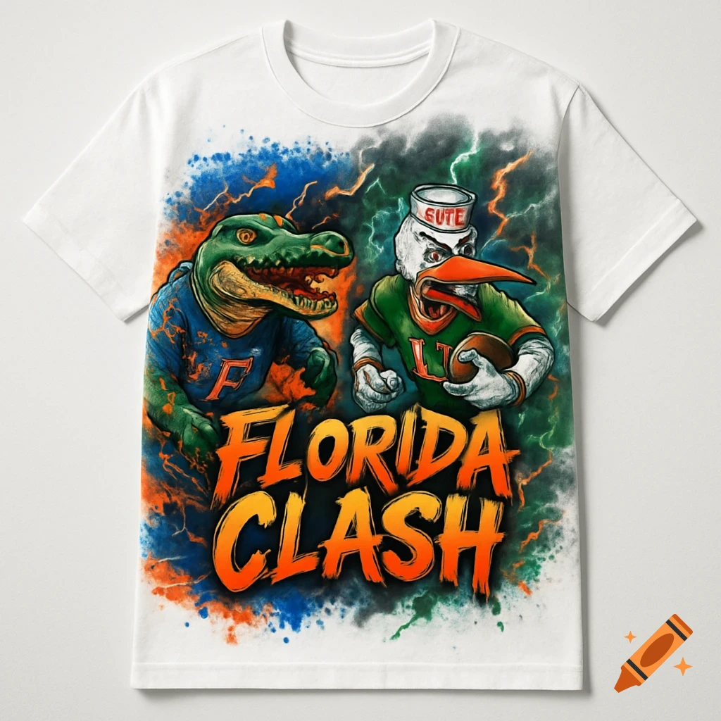 White T-shirt with a vibrant design of an alligator and an ibis mascot facing off, with "FLORIDA CLASH" text below.