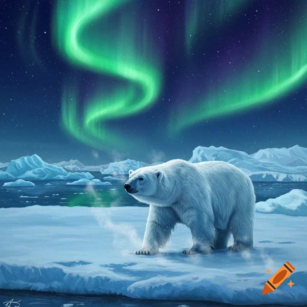 An illustration of a polar bear on an ice floe under a night sky with vibrant green Northern Lights.