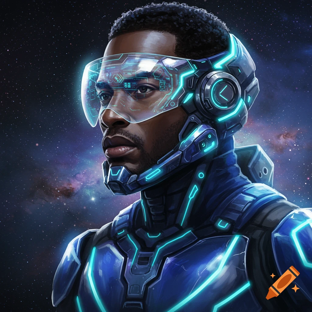 A close-up portrait of an African American man in futuristic blue and black space armor with glowing neon accents and a clear visor, against a starry galaxy background.