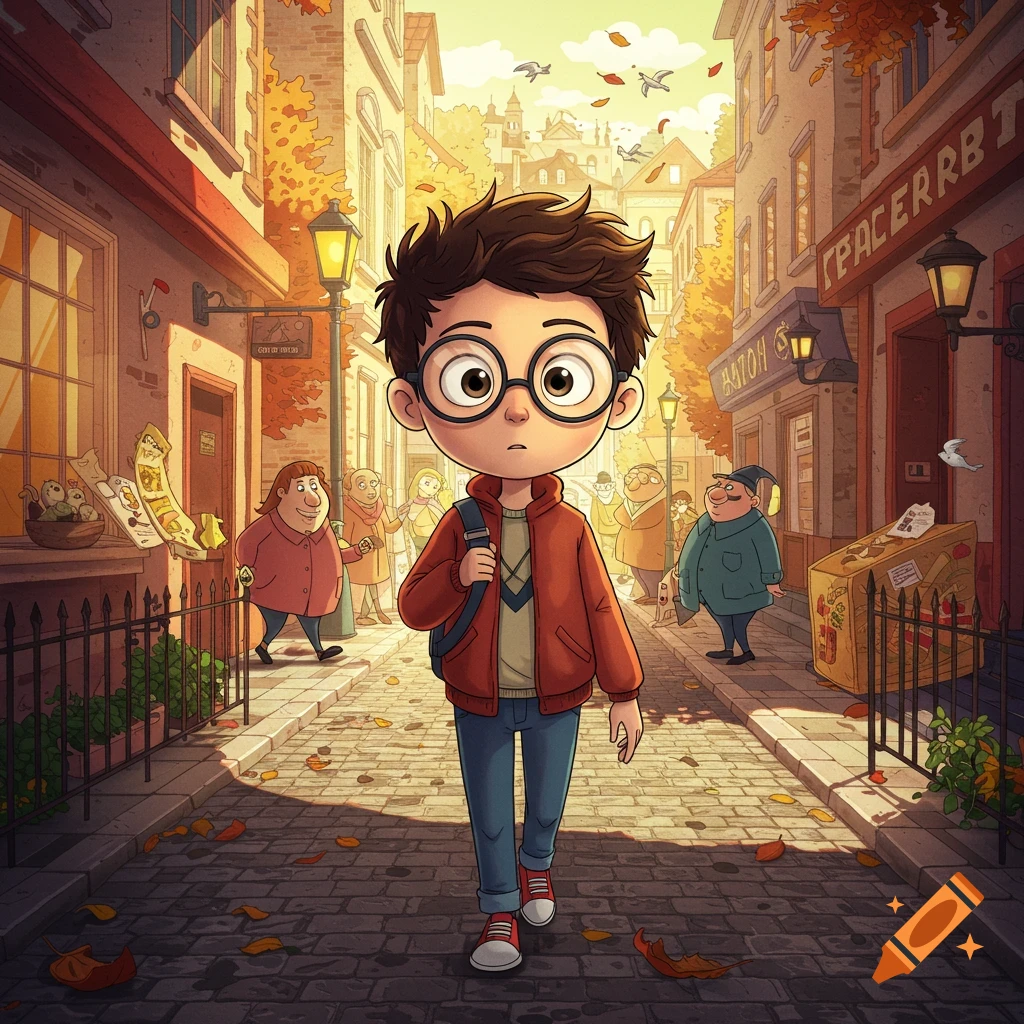 A cartoon boy with dark hair and round glasses walks down an autumn street lined with buildings and people.