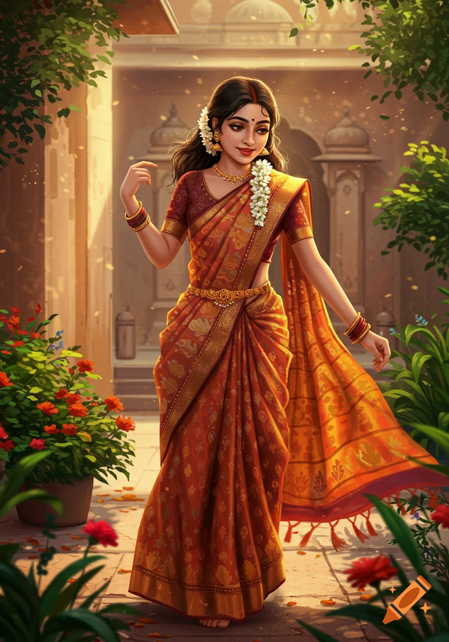A young Indian woman in an ornate red and gold saree with flowers in her hair walks in a sunlit traditional courtyard, stylized illustration.