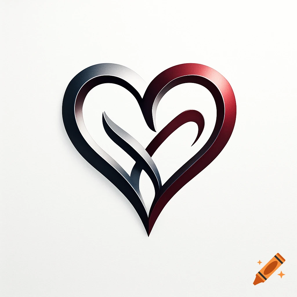 A stylized heart logo made of intertwining metallic ribbons, half silver-black and half red, on a white background.