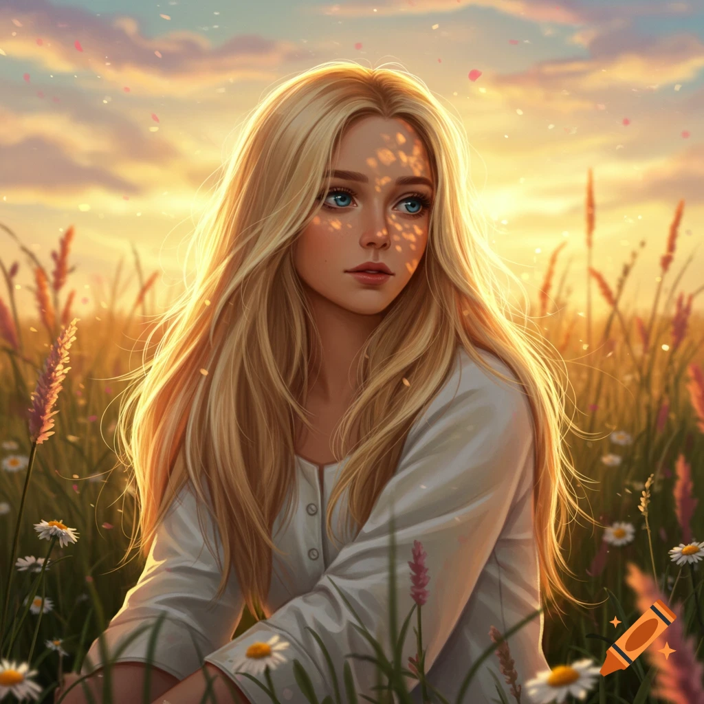 A bright illustration of a young woman with long blonde hair and blue eyes sitting in a sunny field of wildflowers.