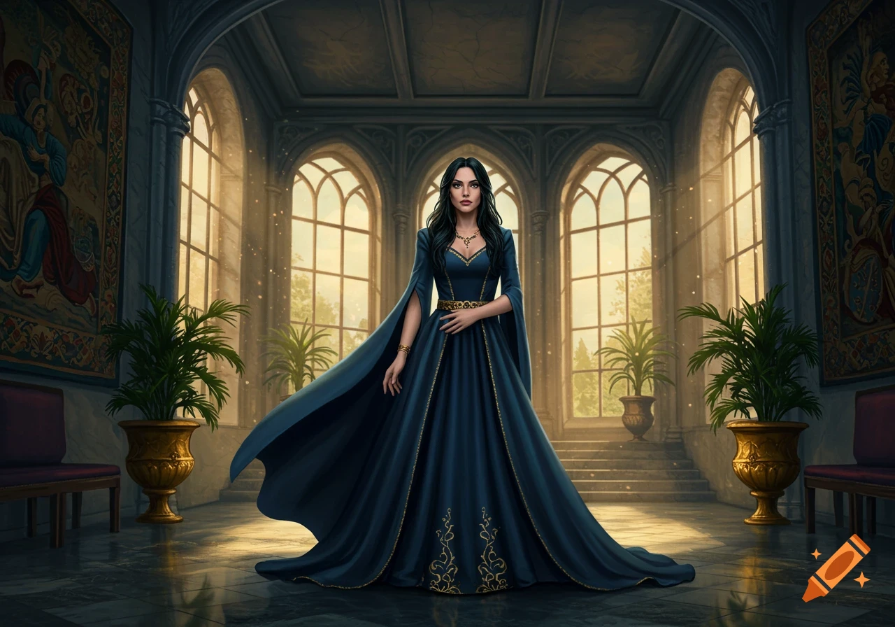 A regal woman with dark hair in a flowing dark blue gown with gold trim stands in a sunlit grand hall with arched windows and tapestries.