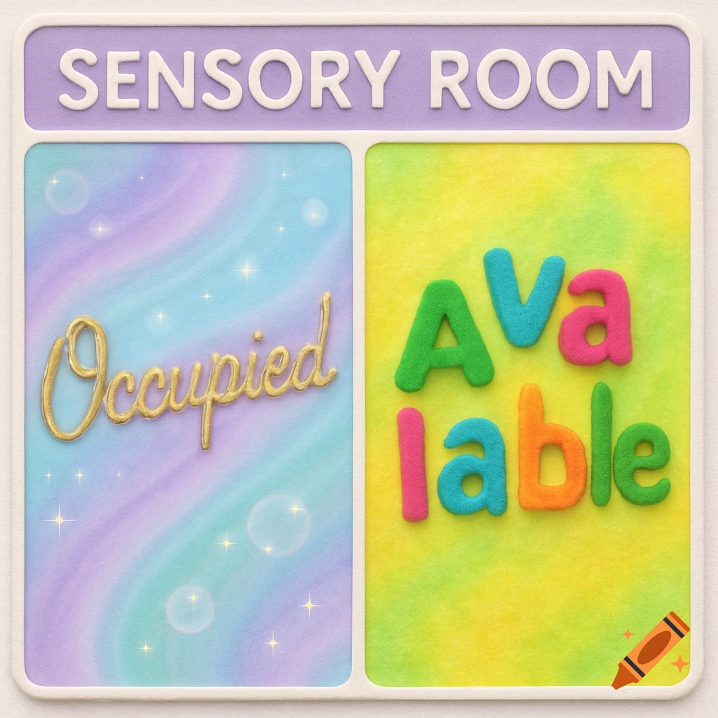 A colorful sign for a 'SENSORY ROOM' with 'Occupied' in gold cursive on the left and 'Available' in colorful felt letters on the right.
