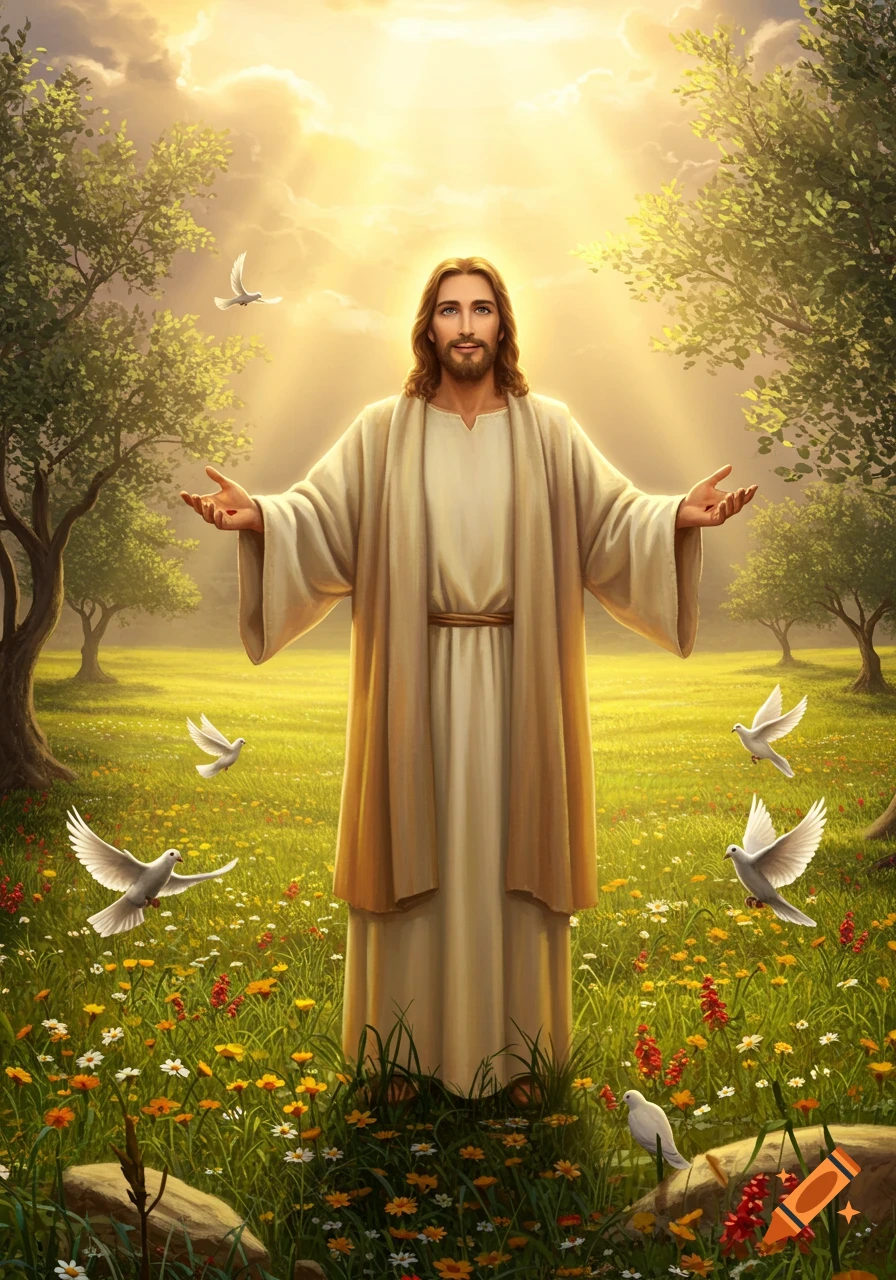 Jesus stands with outstretched arms in a vibrant meadow with doves flying around him under a radiant sky.