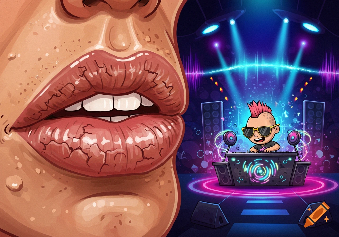Cartoon drawing of severe chapped lips juxtaposed with a small punk DJ playing music on a vibrant, lit stage.
