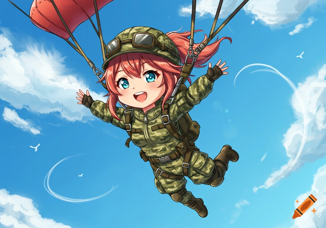 Cute anime girl in military camouflage uniform skydiving with a red parachute against a blue sky with clouds, arms outstretched.