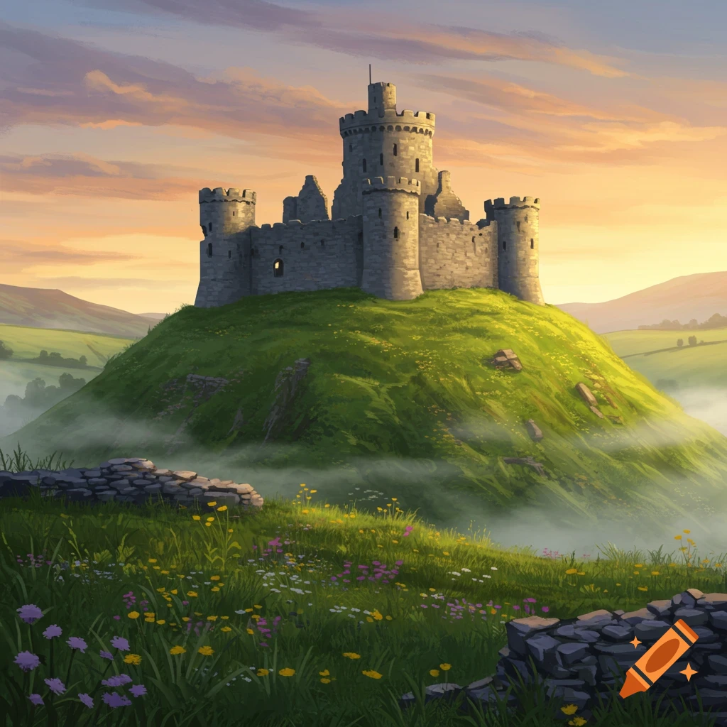 An illustrated stone castle atop a misty green hill at sunrise, surrounded by fields and wildflowers.