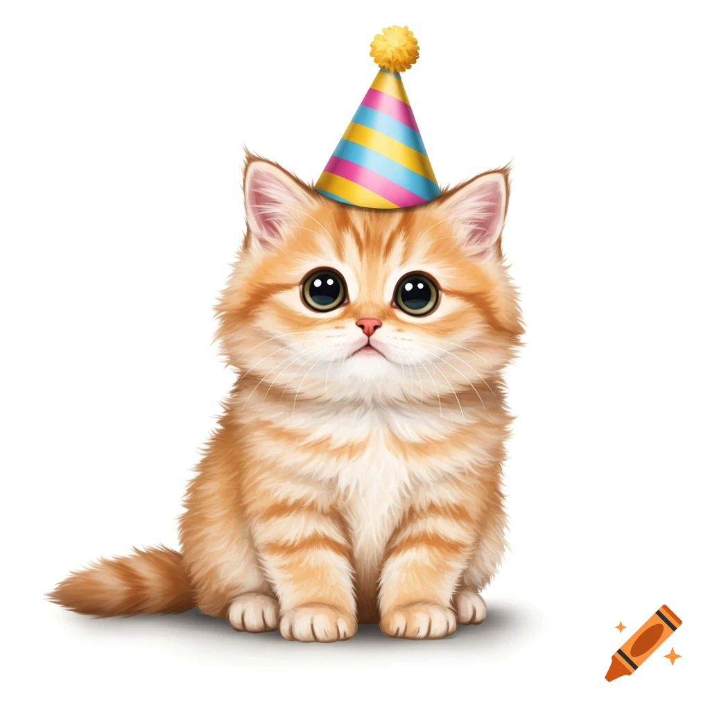 A cute, fluffy orange cartoon kitten with big eyes sits wearing a striped pink, blue, and yellow birthday hat.