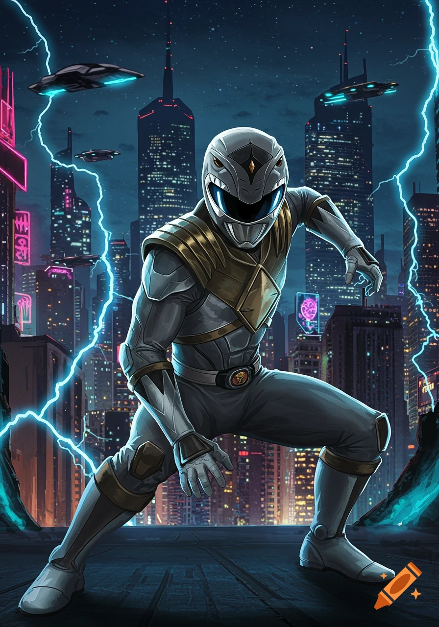 A grey Power Ranger crouches on a rooftop overlooking a neon-lit futuristic city at night, with lightning striking and flying vehicles in the sky, in a comic book art style.