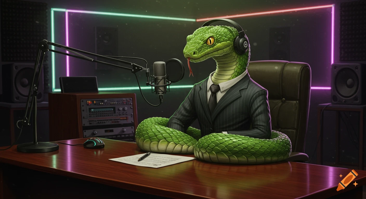 A green anthropomorphic snake in a pinstripe suit and headphones sits at a desk with a microphone in a neon-lit studio.
