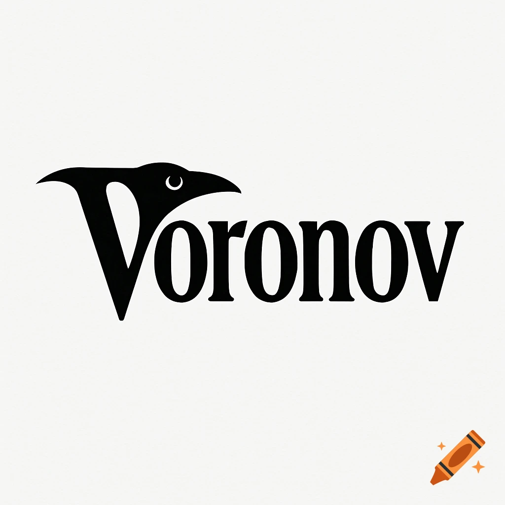 A monochrome logo for 'Voronov' where the 'V' is stylized as a bird's head with an eye.