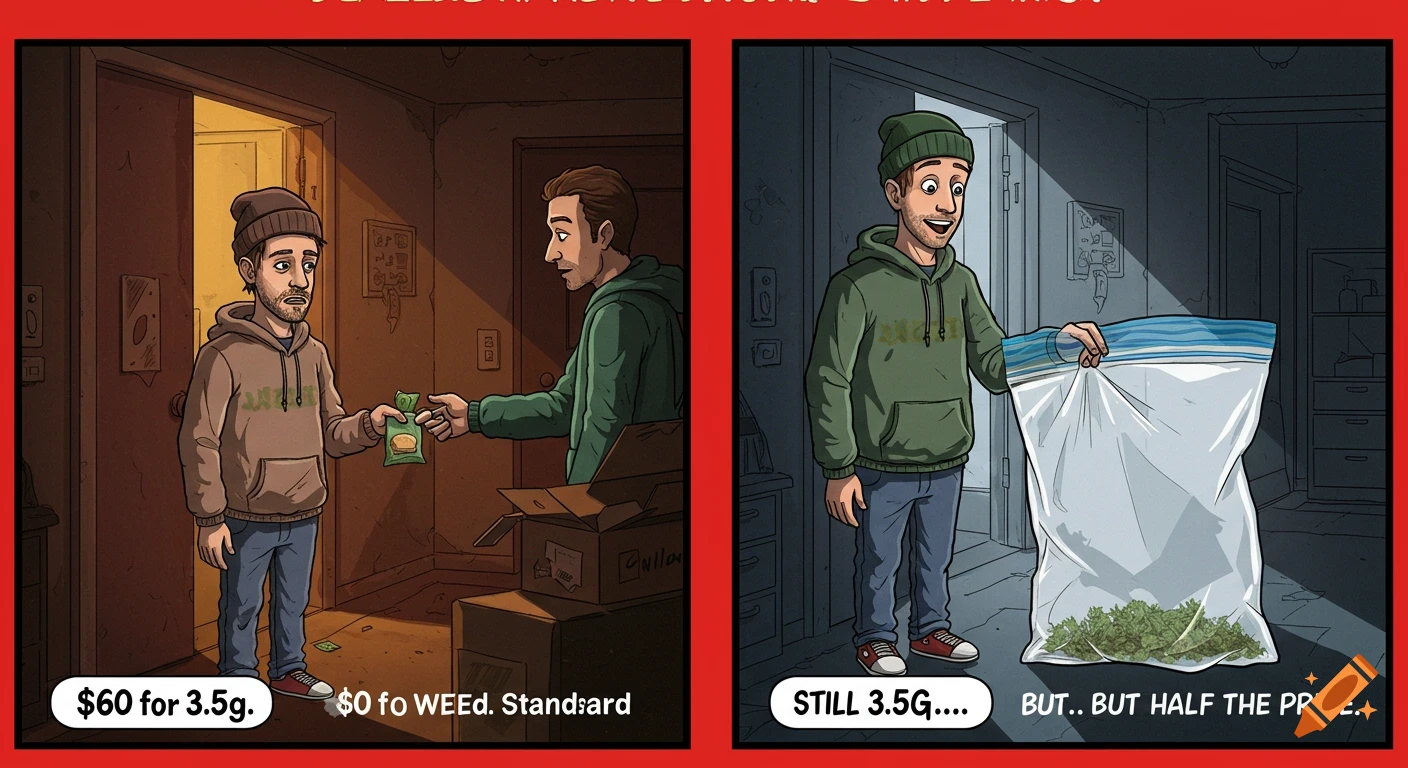 A two-panel comic meme. Left: a sad man gives money and a small bag to a dealer. Right: the same man smiles, holding a huge empty bag, to an impressed dealer. Stylized comic book art.
