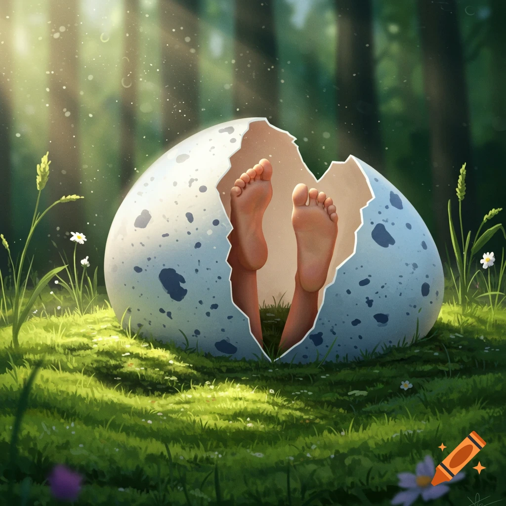 Bare feet emerge from a large cracked egg resting on a mossy forest floor bathed in dappled sunlight, illustration.