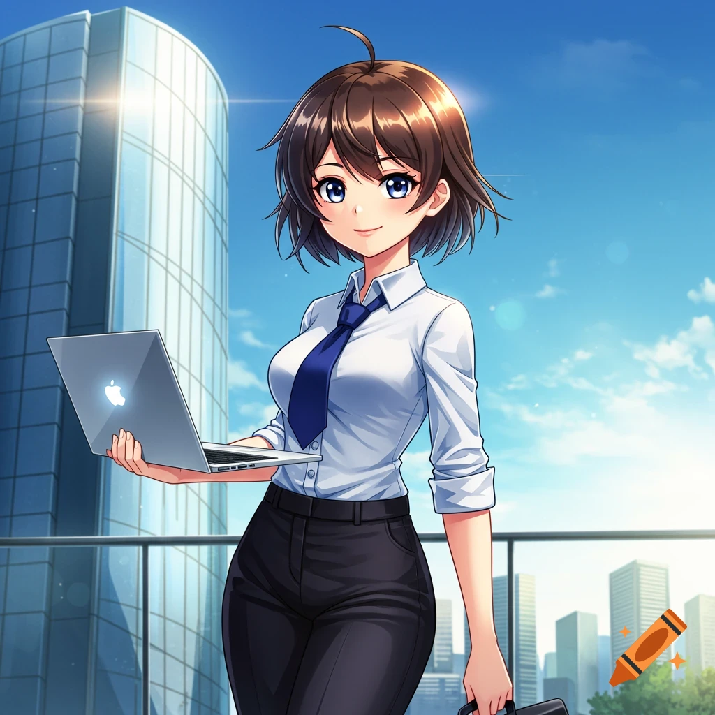 A young anime businesswoman in a white shirt and blue tie holds a laptop while standing on a balcony overlooking a city.