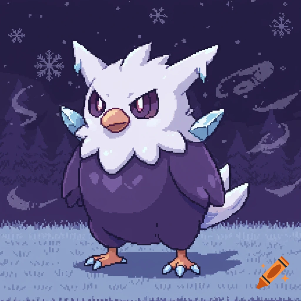 A pixel art creature, a hybrid of Delibird and Gengar, stands in a snowy forest at night with snowflakes falling.