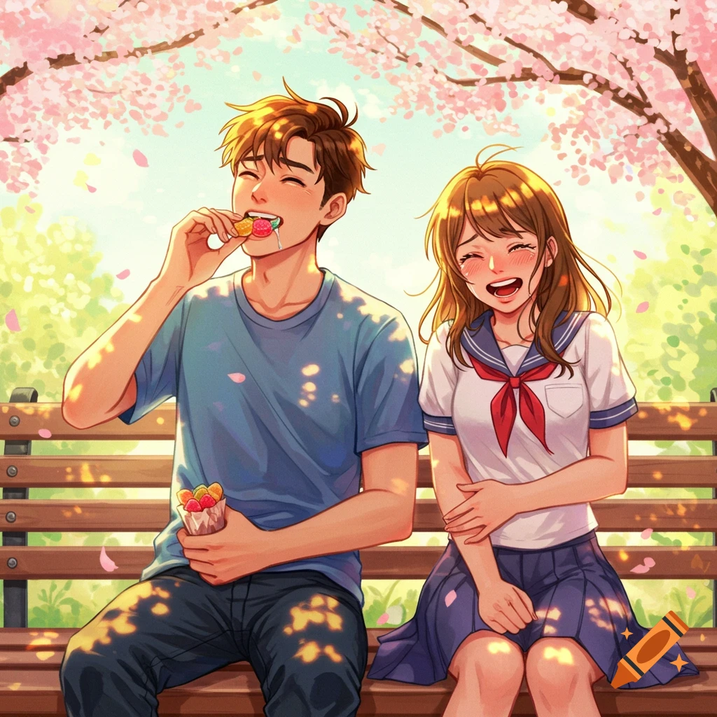 An anime-style image of a young man eating candy and a young woman laughing beside him, sitting on a park bench under blooming cherry blossoms.
