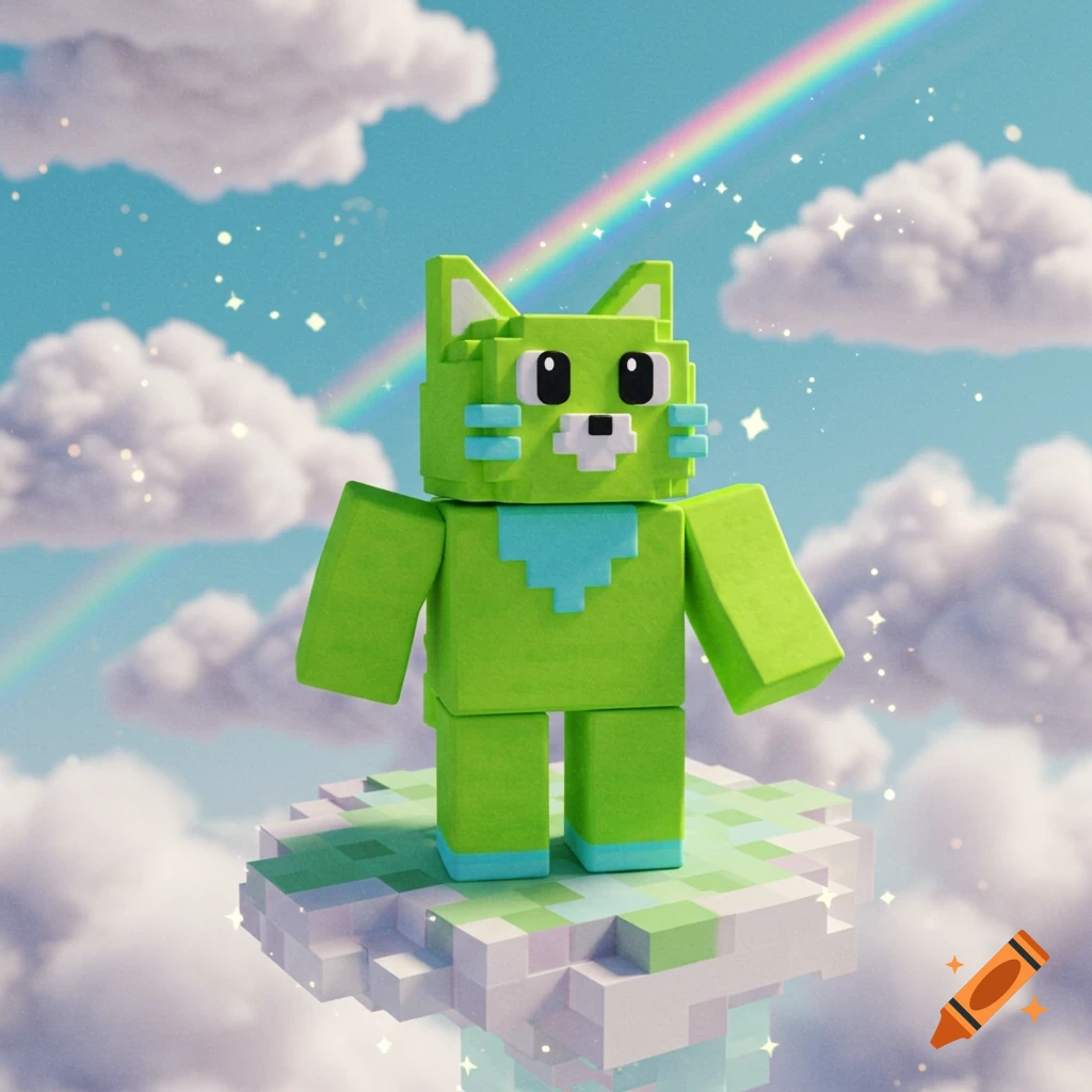 A blocky green cat-like character with blue accents stands on a floating pixelated island under a rainbow sky with clouds, in a video game style.