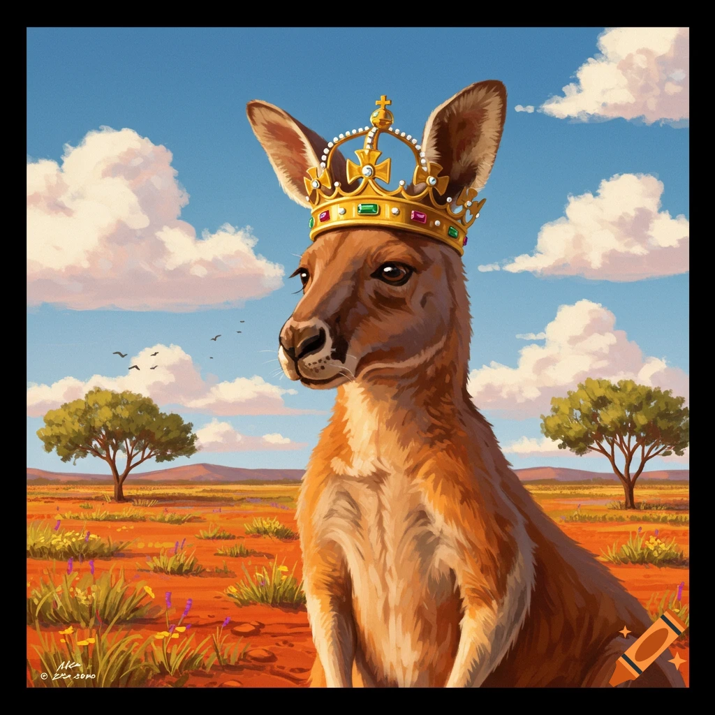 A majestic kangaroo wearing a golden crown with jewels stands in a vibrant, sunlit desert landscape with sparse trees and colorful plants, in a digital painting style.