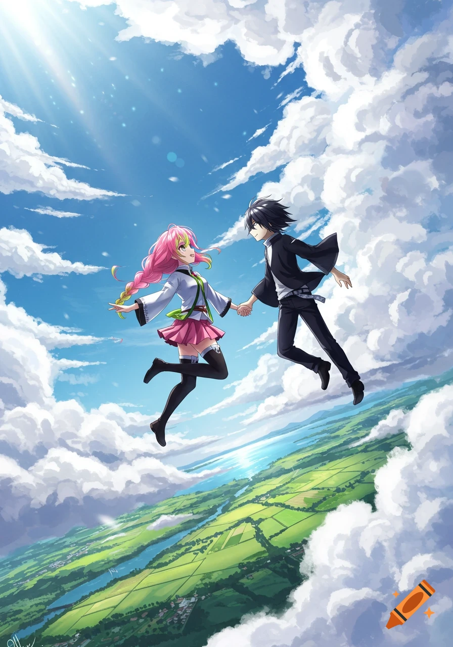 Anime couple Mitsuri and Obanai holding hands, floating high above a lush green landscape with clouds and a bright sky.