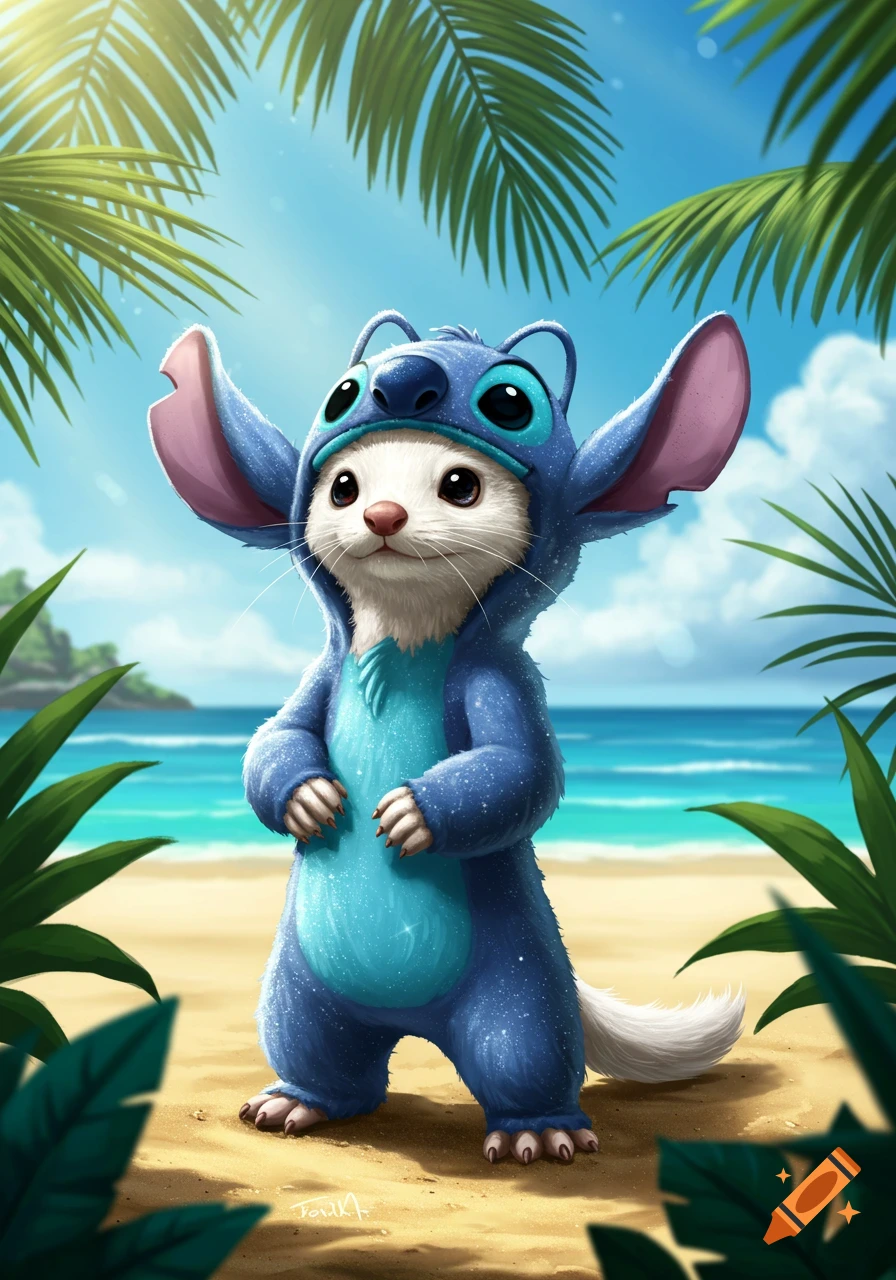 A cute white ferret-like animal in a blue Stitch costume stands on a sandy beach with palm leaves overhead and ocean behind.