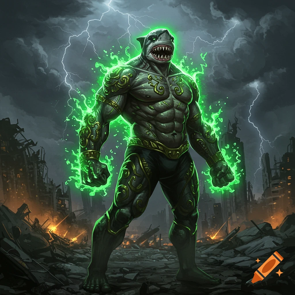 Muscular shark-headed King Shark with glowing green energy stands in a ruined city under a stormy, lightning-filled sky, comic art.