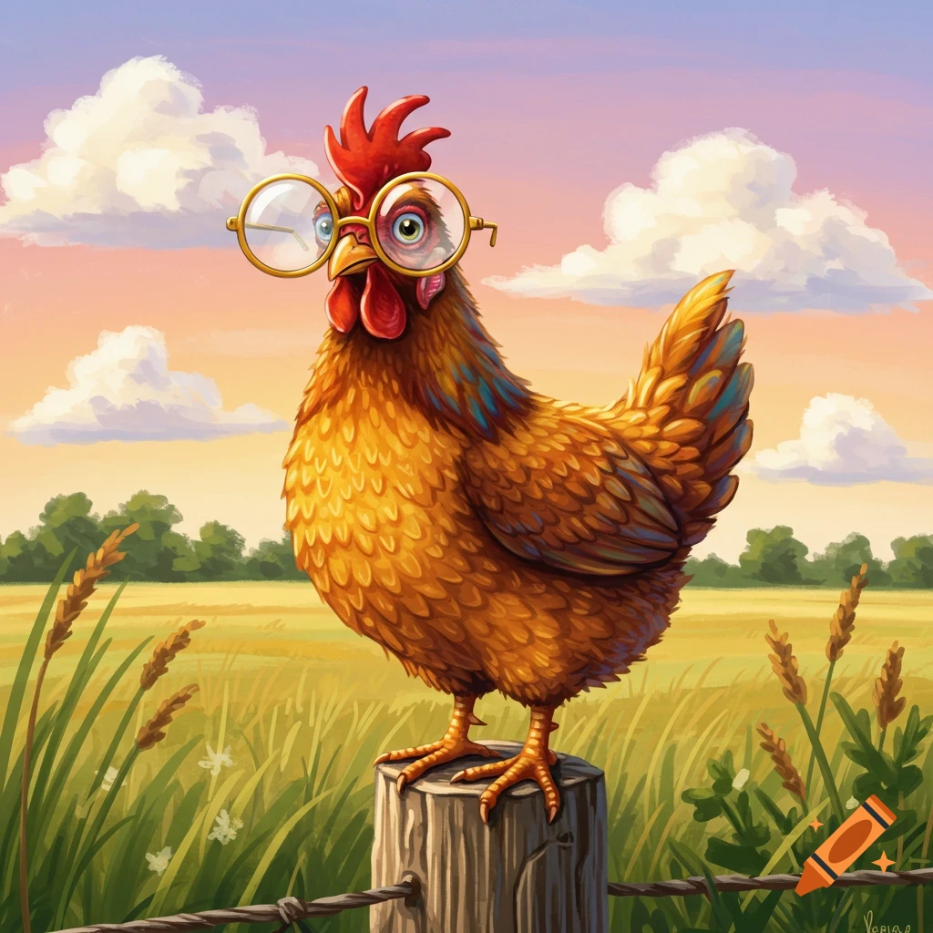 A cartoon chicken wearing round glasses stands on a fence post in a sunny field under a cloudy sky.