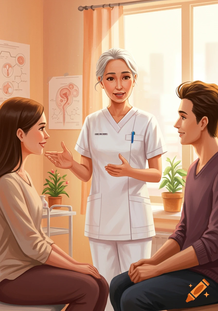 An illustration of a female nurse talking to a young couple in a bright medical office.