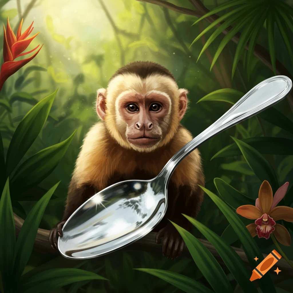 A detailed illustration of a capuchin monkey in a lush jungle, looking directly at the viewer while holding a large silver spoon.