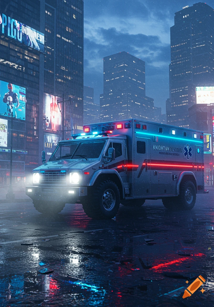 An armored ambulance with glowing red and blue lights on a wet city street at night, surrounded by illuminated skyscrapers.