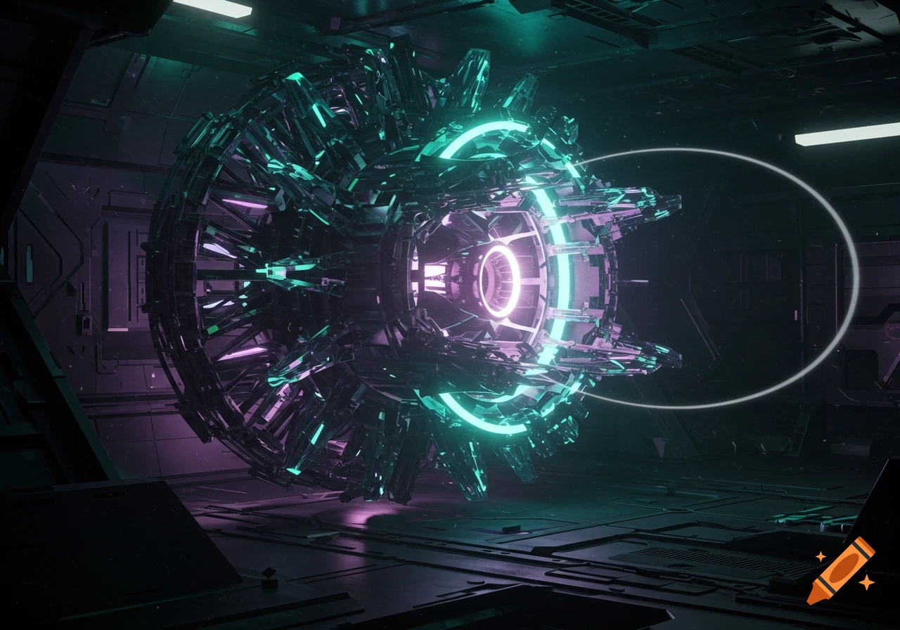 A futuristic, abstract geomagnetic engine glowing teal and magenta in a dark, high-tech spaceship interior.