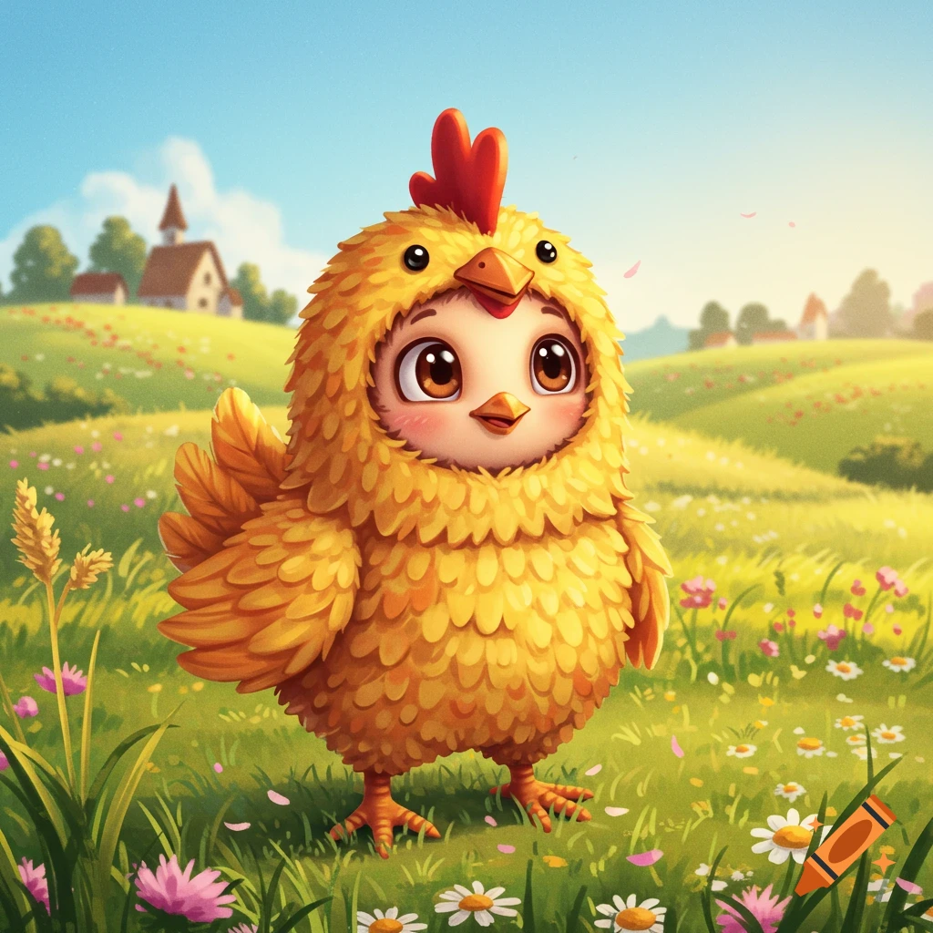 A cute, cartoon character wearing a fluffy yellow chicken costume stands in a vibrant green field with colorful flowers under a blue sky.