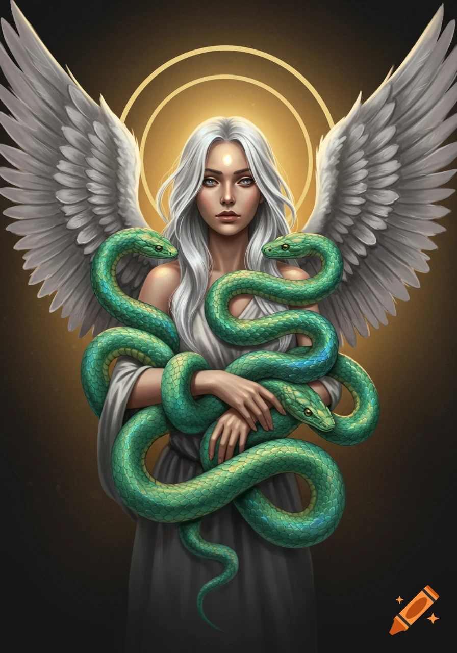 White-haired angel with large white wings and golden halo holds green snakes in a dark digital painting.