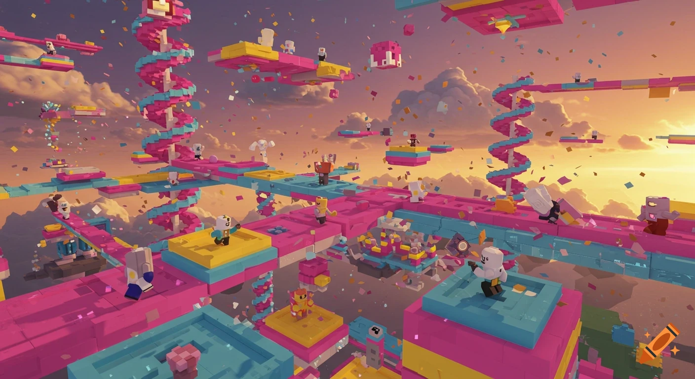 Vibrant blocky video game obstacle course floating in the sky with small figures, confetti, and a sunset backdrop.