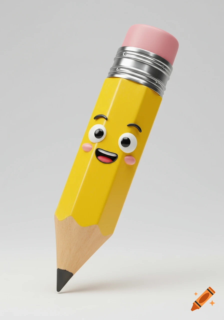 Ultra realistic render of a bright yellow pencil with expressive cartoon eyes and a smiling mouth, pink eraser, and sharp tip.
