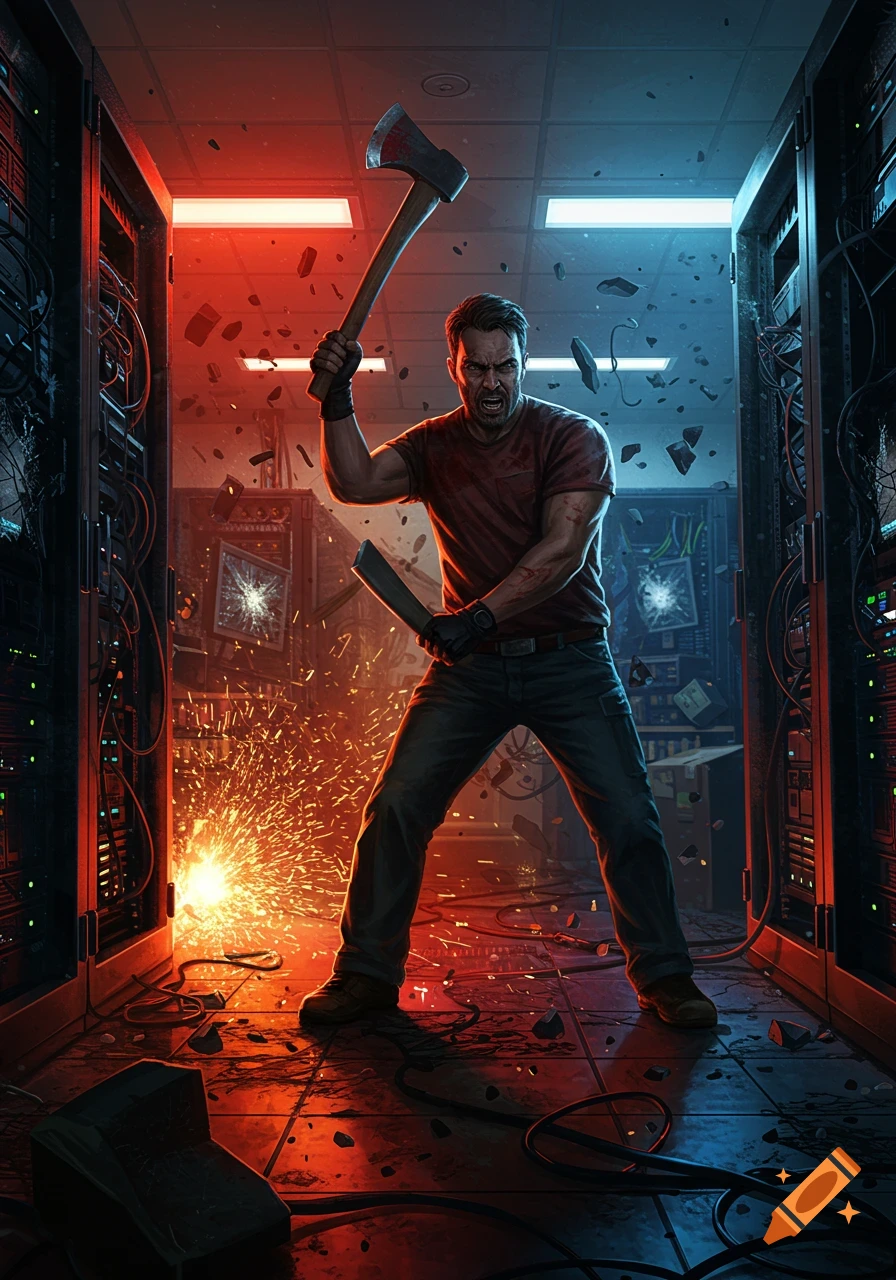 A dramatic digital illustration of an angry man destroying server racks with an axe, sparks flying in a chaotic data center.
