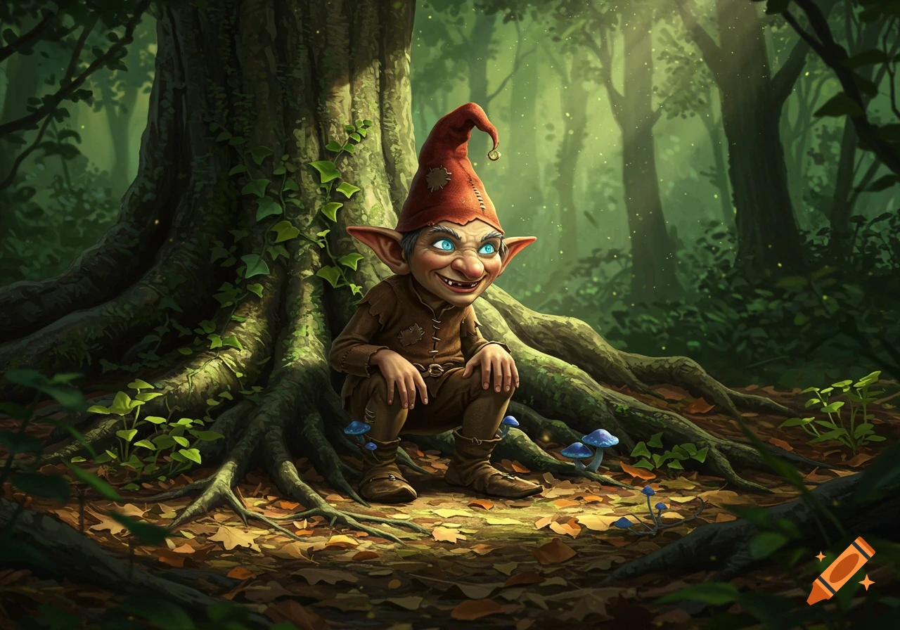 A mischievous blue-eyed gnome in a red hat squats by a large tree in a magical forest.