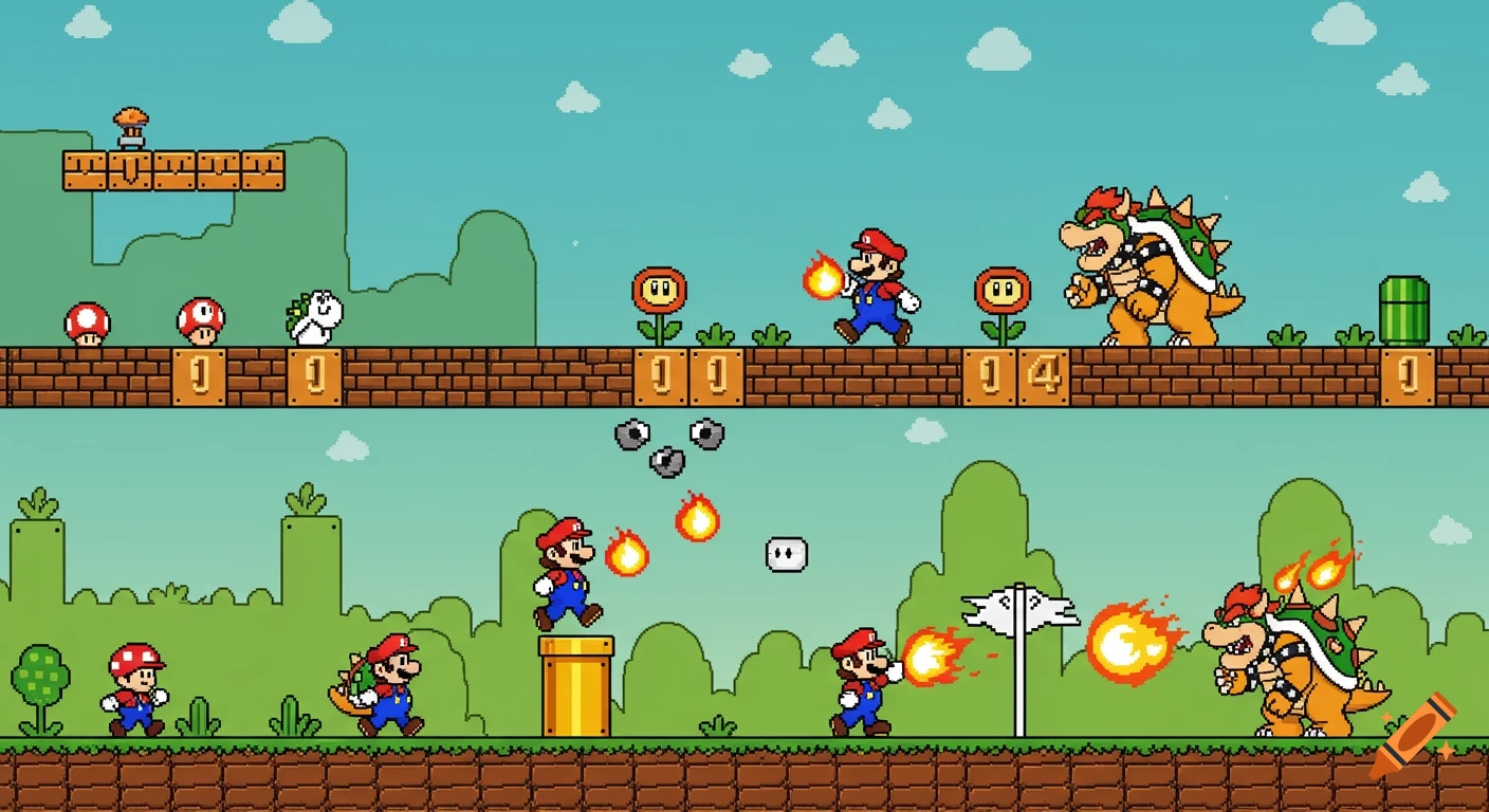 A pixel art Super Mario Bros. scene with Mario, Bowser, and other characters, depicted in multiple action stages across a landscape.