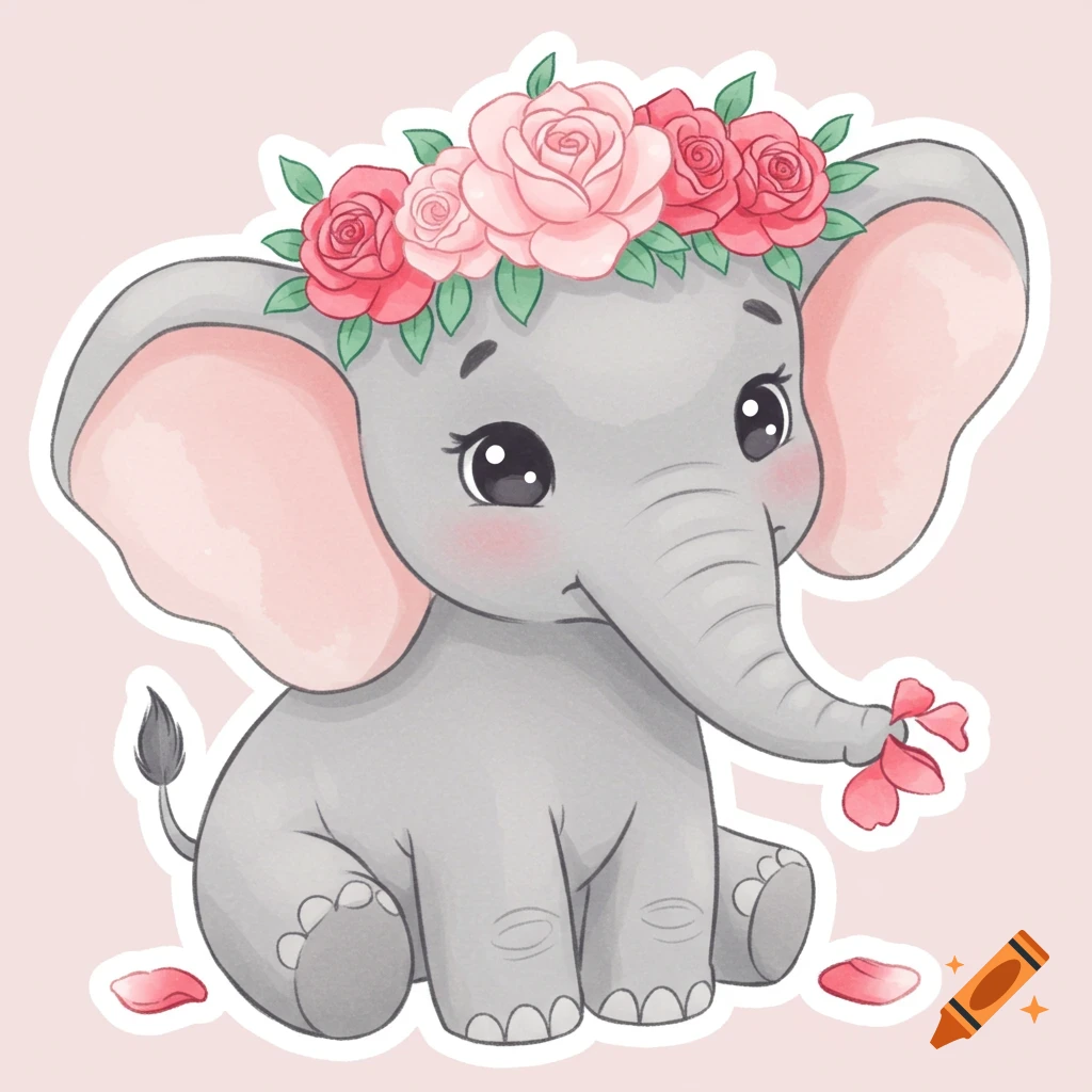 A cute cartoon baby elephant with large eyes, wearing a pink rose flower crown, sitting and holding a pink petal in its trunk on a light pink background.