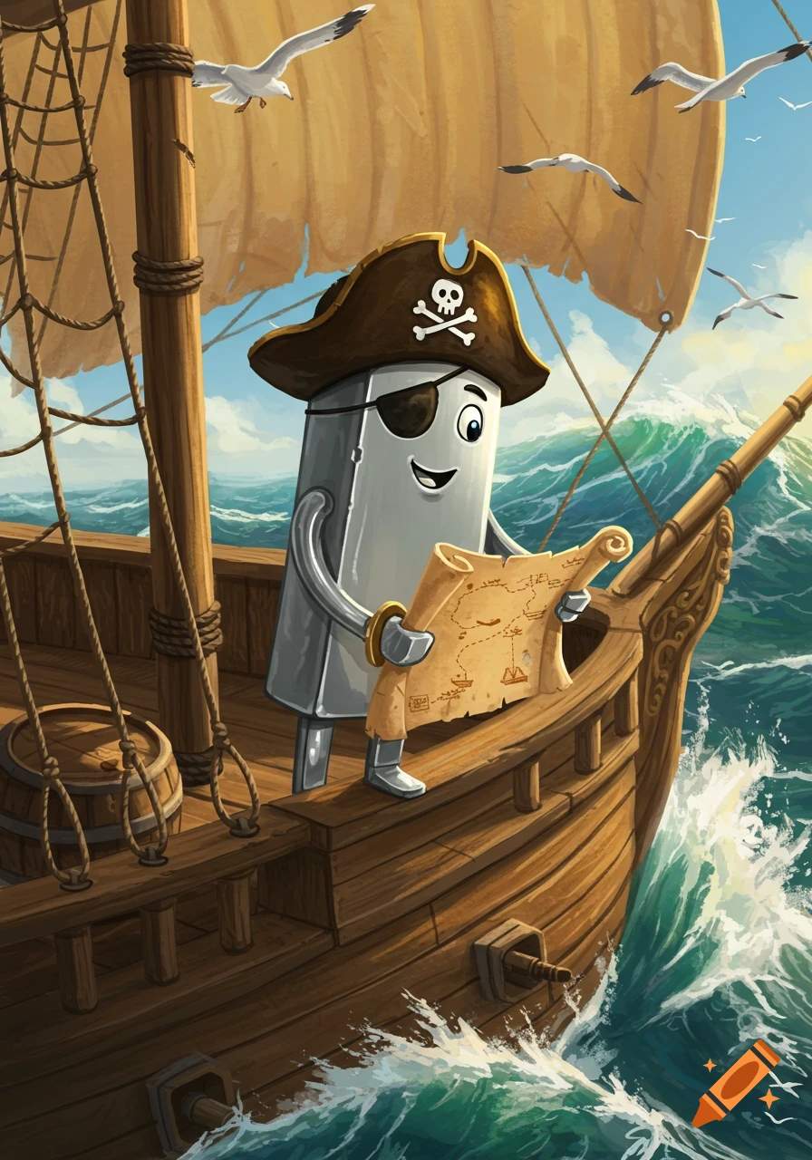 Cartoon metal pirate with an eyepatch holding a treasure map on a wooden ship sailing on a wavy sea.