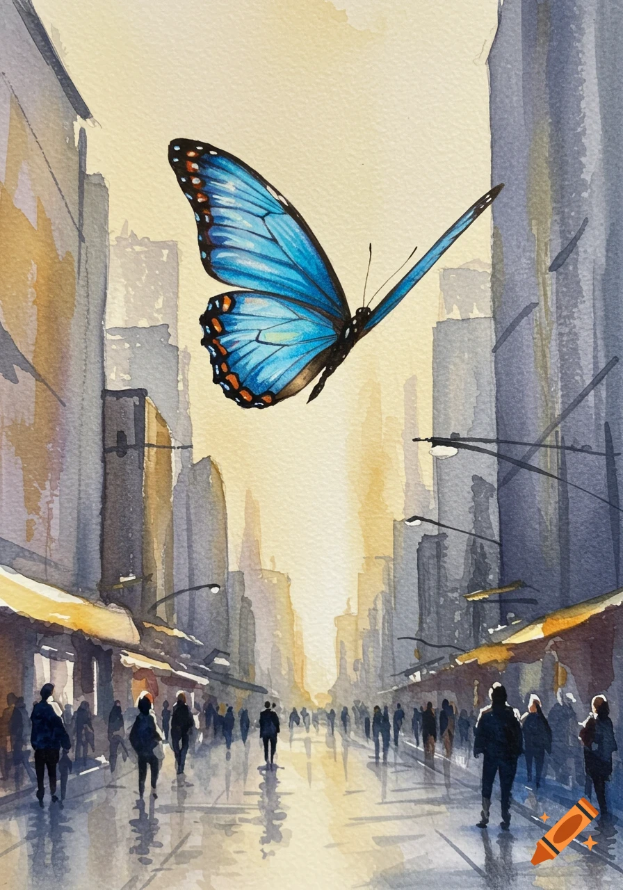 A vibrant blue butterfly soars above a bustling city street rendered in a watercolor painting style.