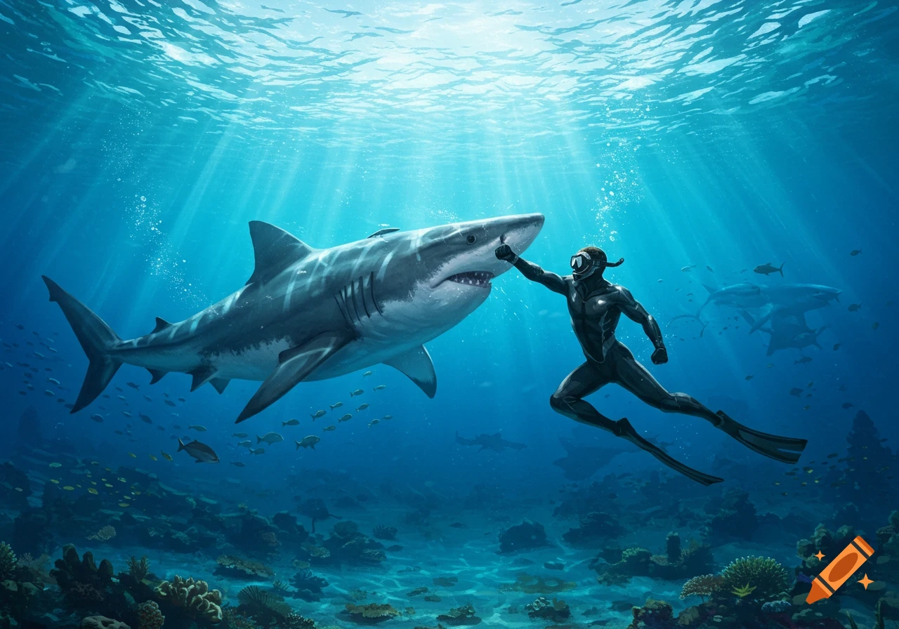 A diver in a black wetsuit gently touches the nose of a large great white shark in a sunlit underwater scene with coral and fish.